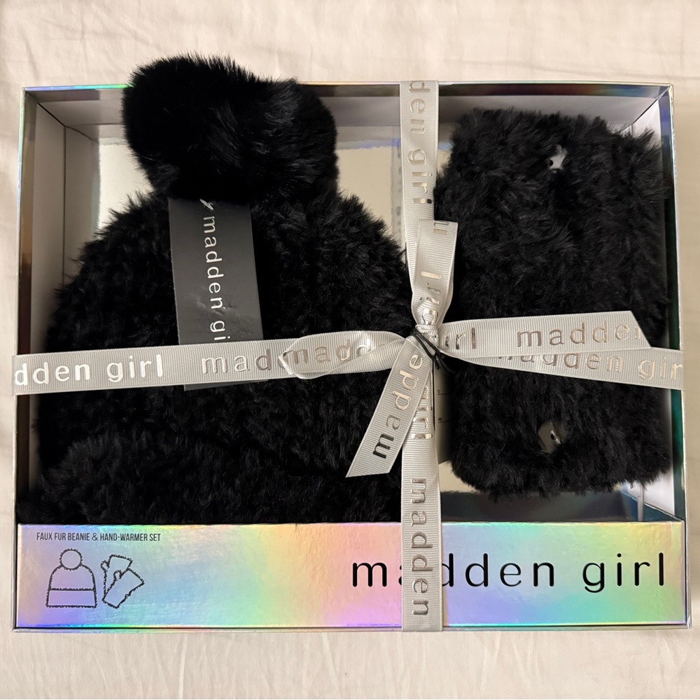 Madden Girl Black Faux Fur Hat and Hand-Warmer Set